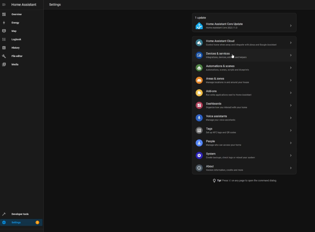 Main home assistant settings page